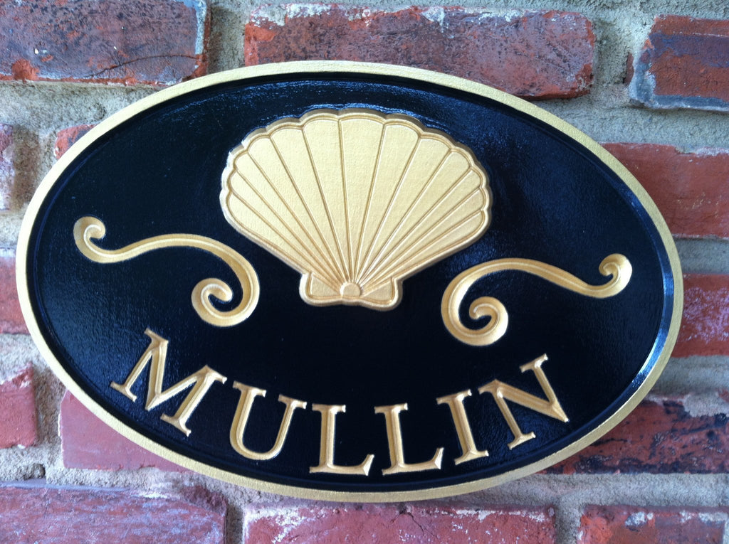 Custom Carved Last name sign with Scallop Shell (LN15) - The Carving Company