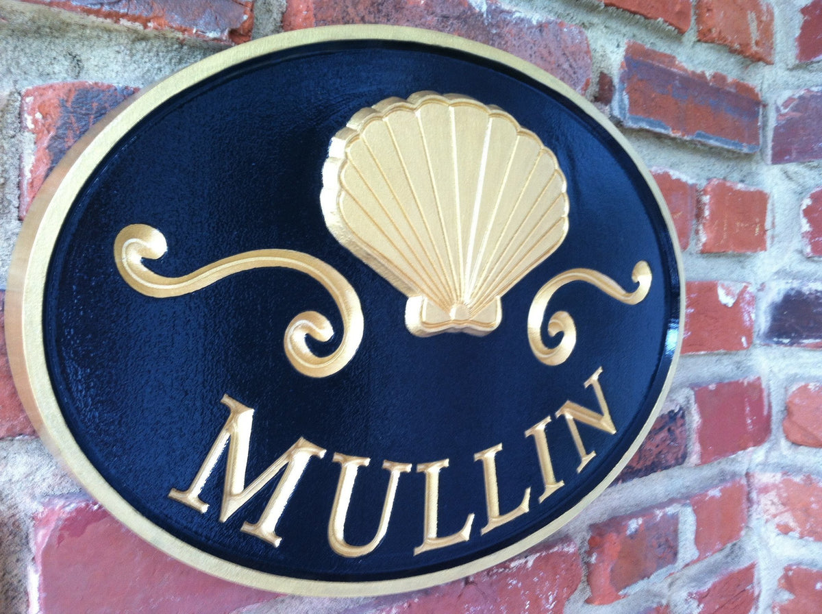 Custom Carved Last name sign with Scallop Shell (LN15) - The Carving Company