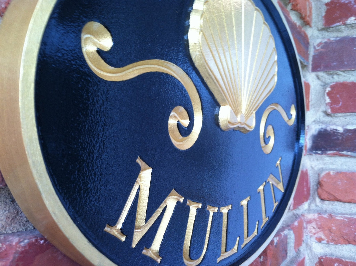 Custom Carved Last name sign with Scallop Shell (LN15) - The Carving Company