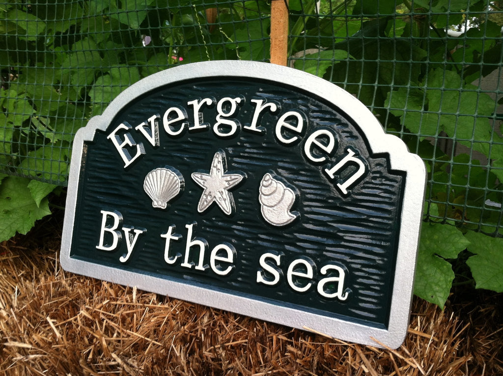 Custom Beach House sign with sea shells and starfish (S5) - The Carving Company