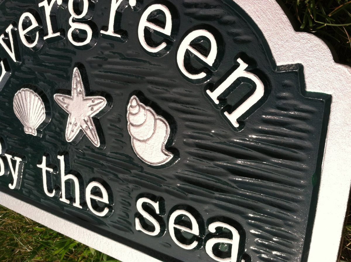 Custom Beach House sign with sea shells and starfish (S5) - The Carving Company