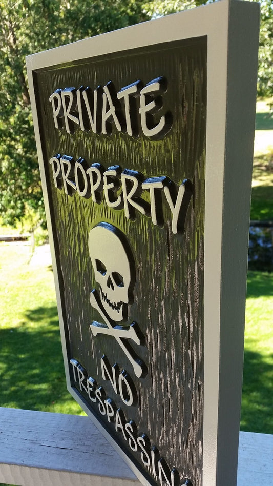 Private Property - No Trespassing with skull and cross bones (B66) - The Carving Company