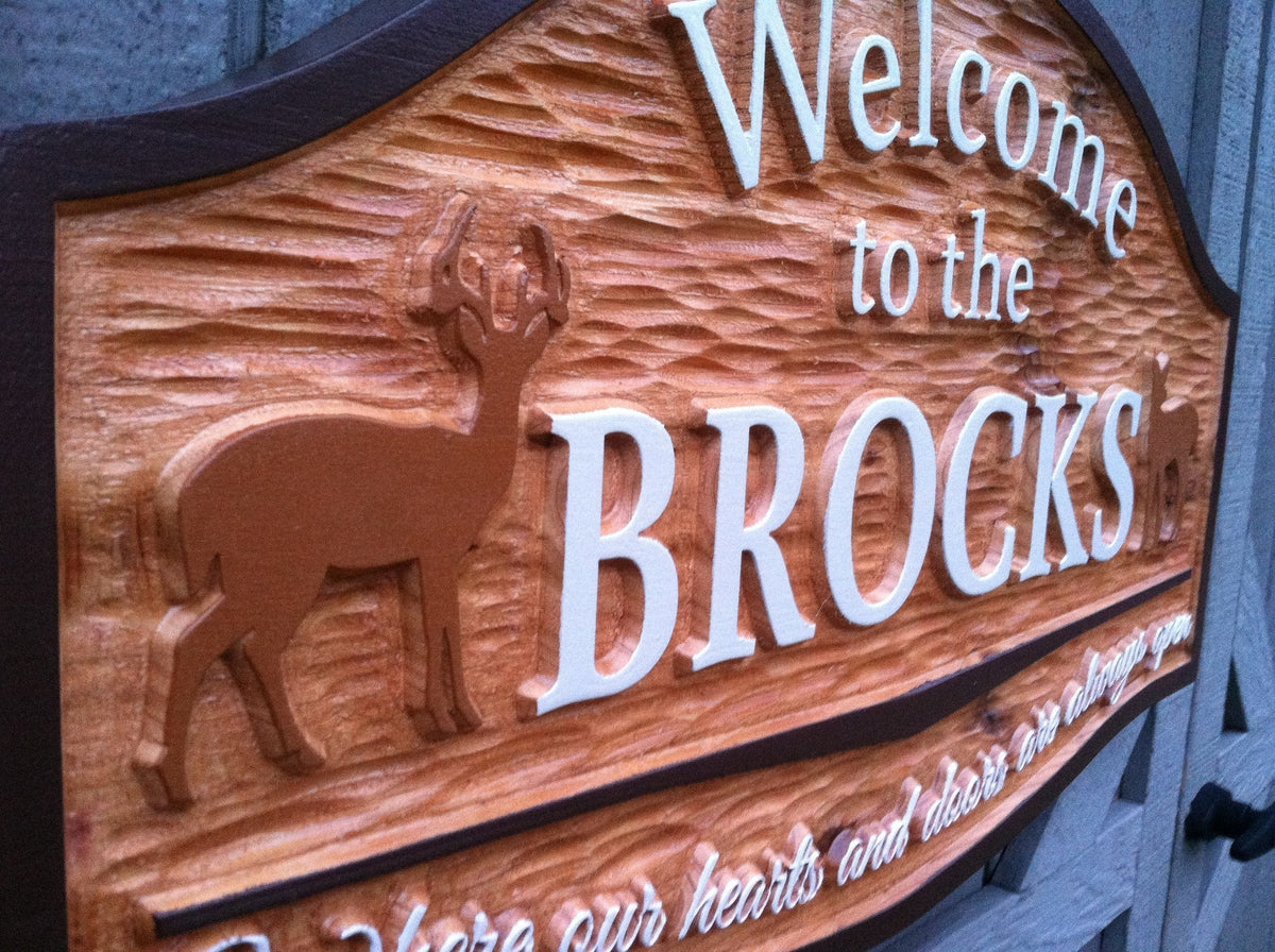 Welcome to the last name sign with deer and tag line white letters stained cedar background