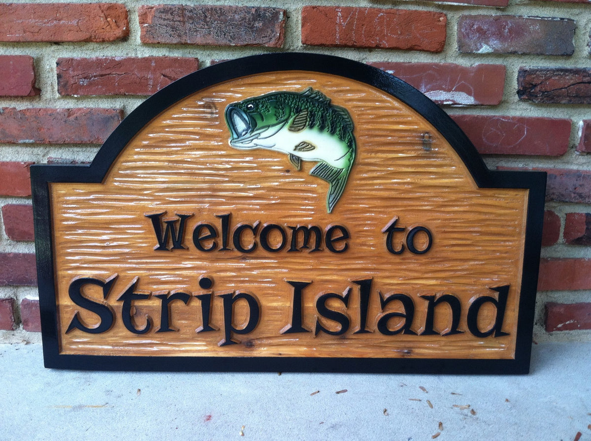 Camp Sign Custom Carved Sign / Lake Sign with Bass fish image (C3) - The Carving Company