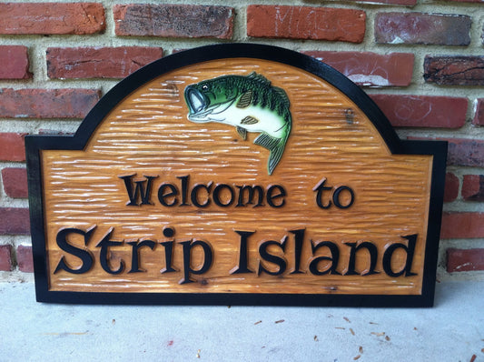 Camp Sign Custom Carved Sign / Lake Sign with Bass fish image (C3) - The Carving Company
