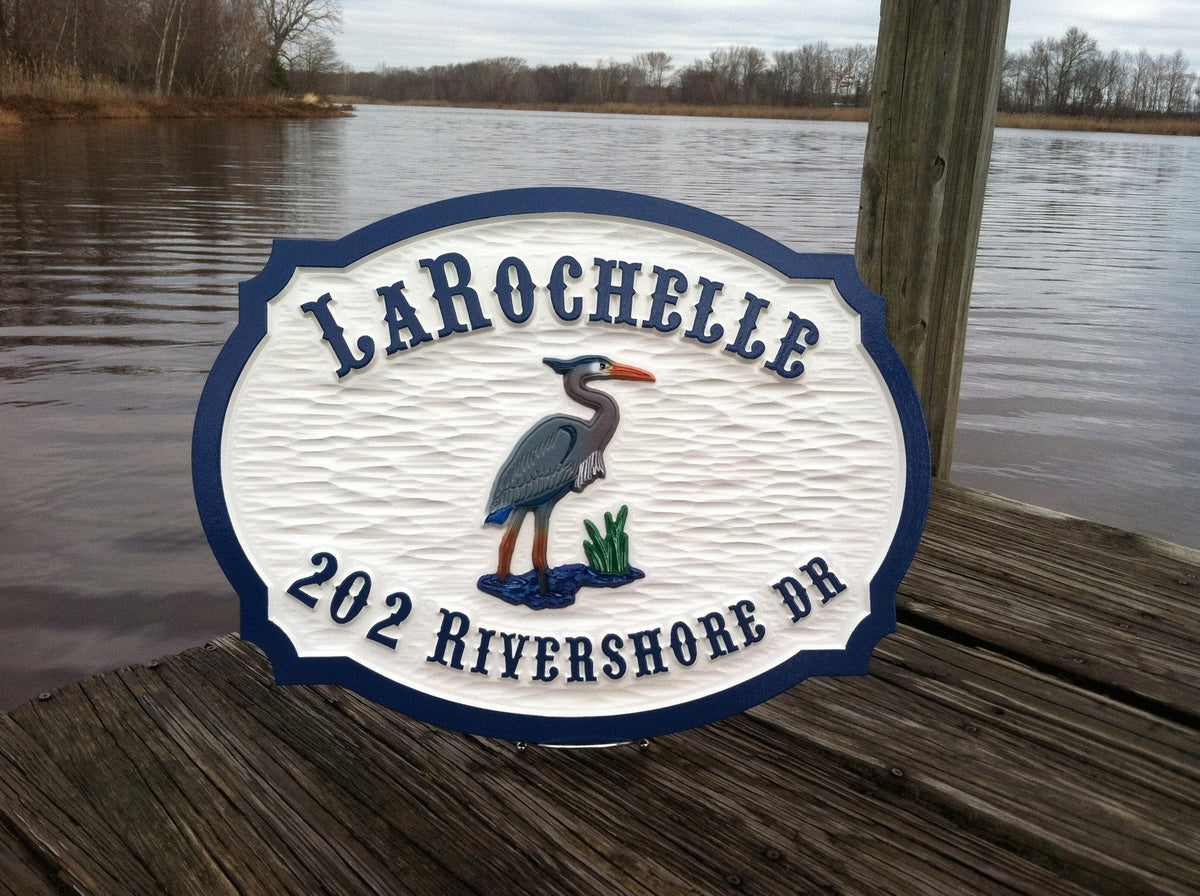 Carved Address plaque with Last Name and blue heron (A111) - The Carving Company