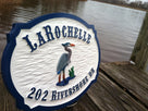 Carved Address plaque with Last Name and blue heron (A111) - The Carving Company