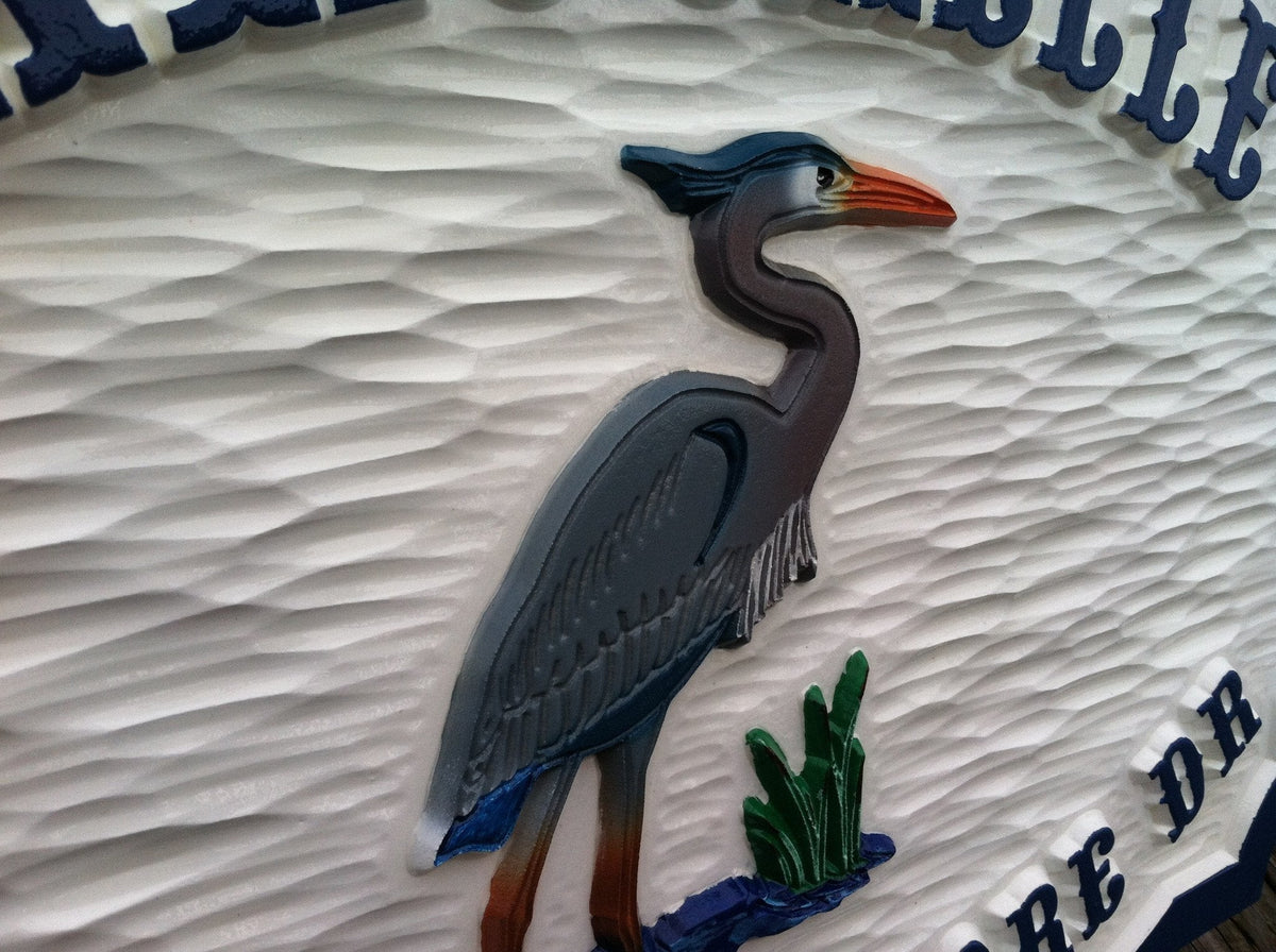 Carved Address plaque with Last Name and blue heron (A111) - The Carving Company