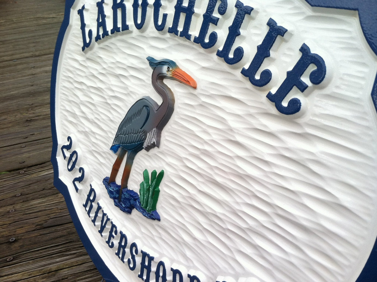 Carved Address plaque with Last Name and blue heron (A111) - The Carving Company