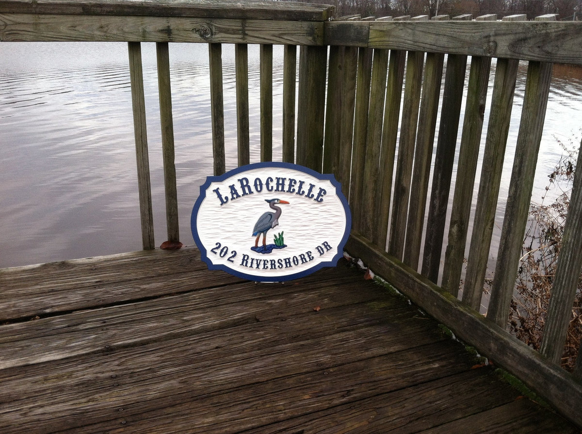 Carved Address plaque with Last Name and blue heron (A111) - The Carving Company