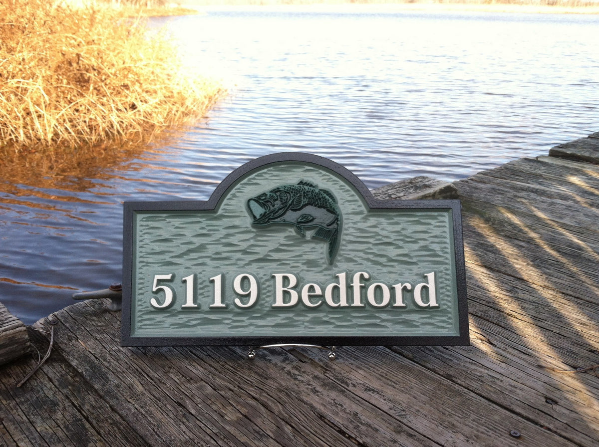 Carved House Marker plaque with Last Name and Bass fish (A214) - The Carving Company