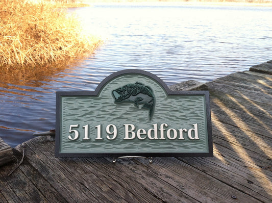 Carved House Marker plaque with Last Name and Bass fish (A214) - The Carving Company