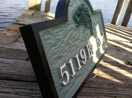 Carved House Marker plaque with Last Name and Bass fish (A214) - The Carving Company