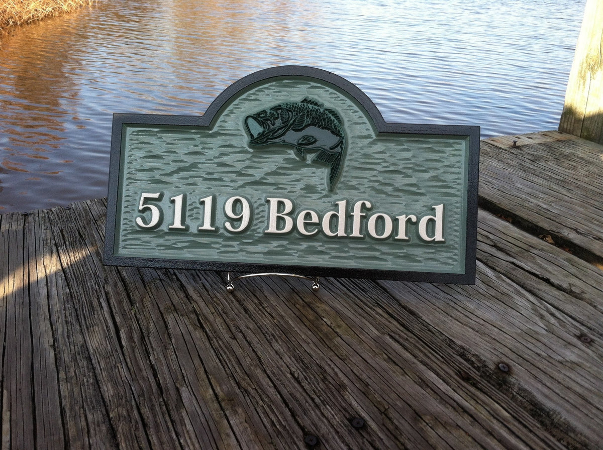 Carved House Marker plaque with Last Name and Bass fish (A214) - The Carving Company
