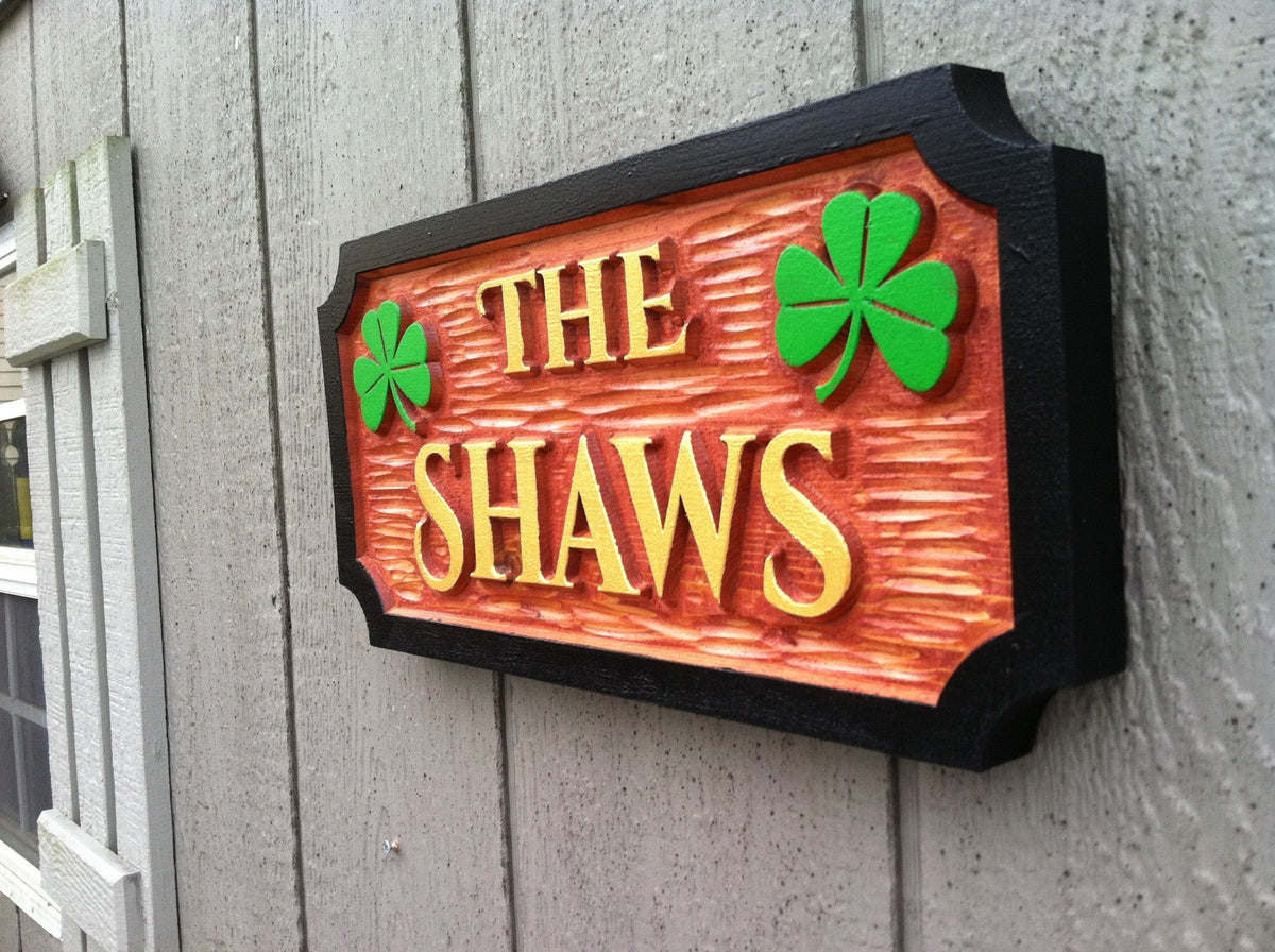 Carved Cedar Family Name With Shamrocks Sign (LN6) - The Carving Company
