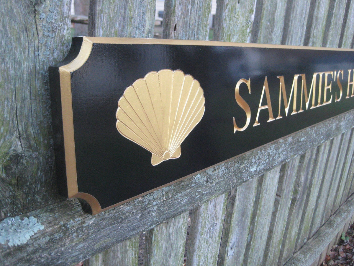 Custom Carved Quarterboard sign with House Name and Scallop sea shells (Q42) - The Carving Company