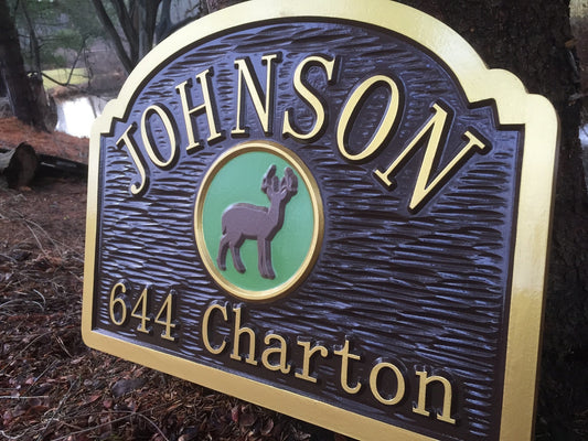 Last name sign with address and hand painted deer image