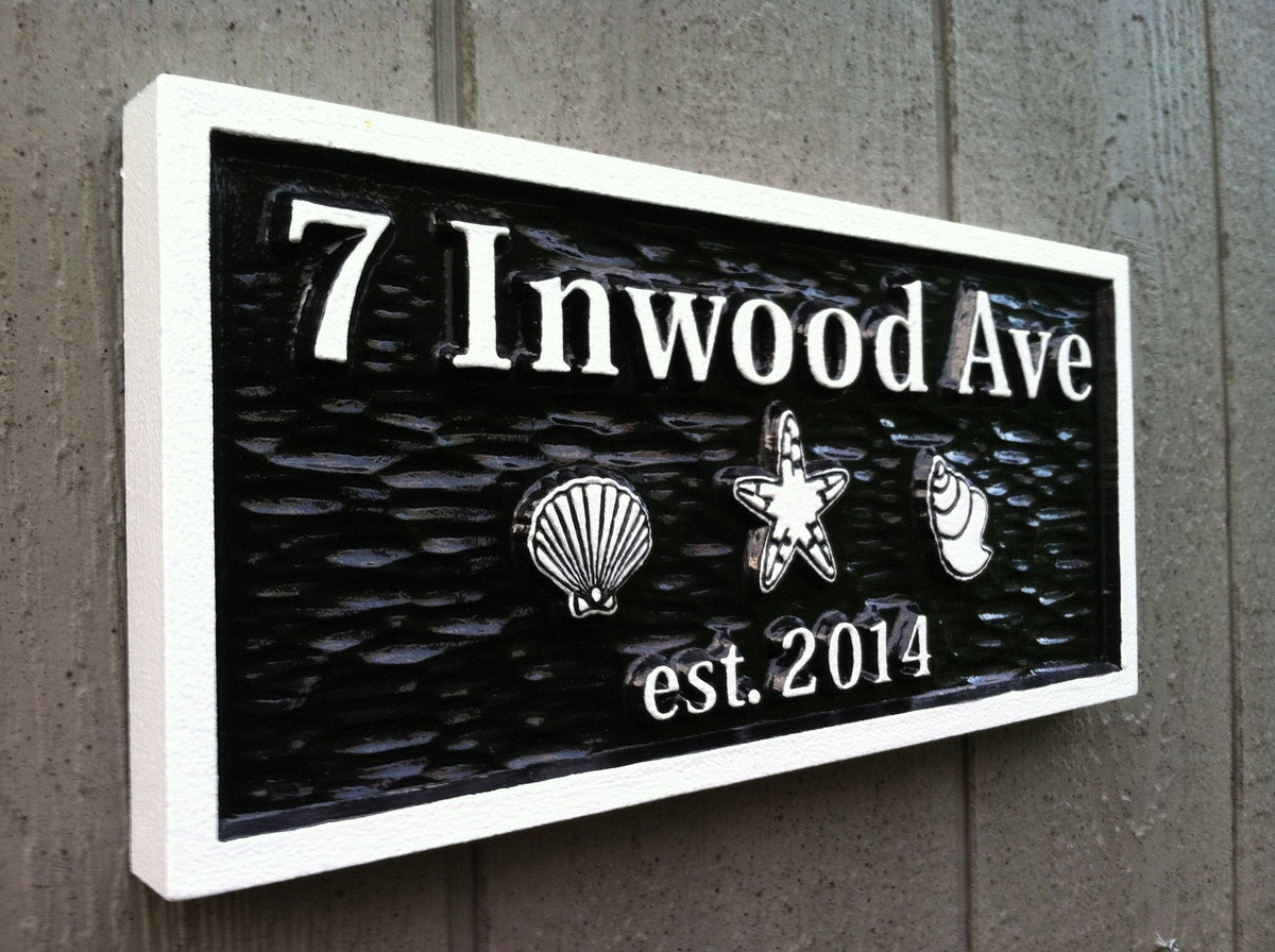 Carved Street Address plaque with beach theme (A22) - The Carving Company