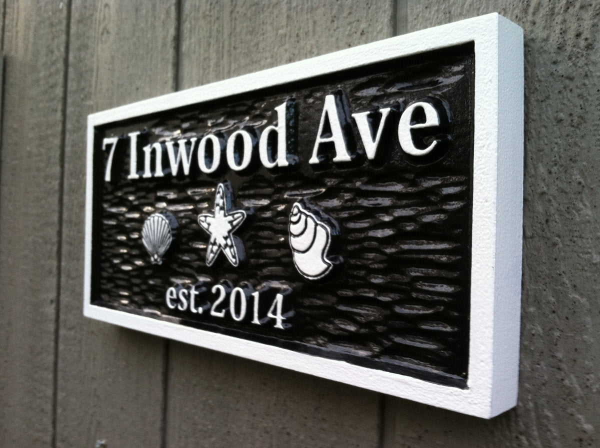 Carved Street Address plaque with beach theme (A22) - The Carving Company
