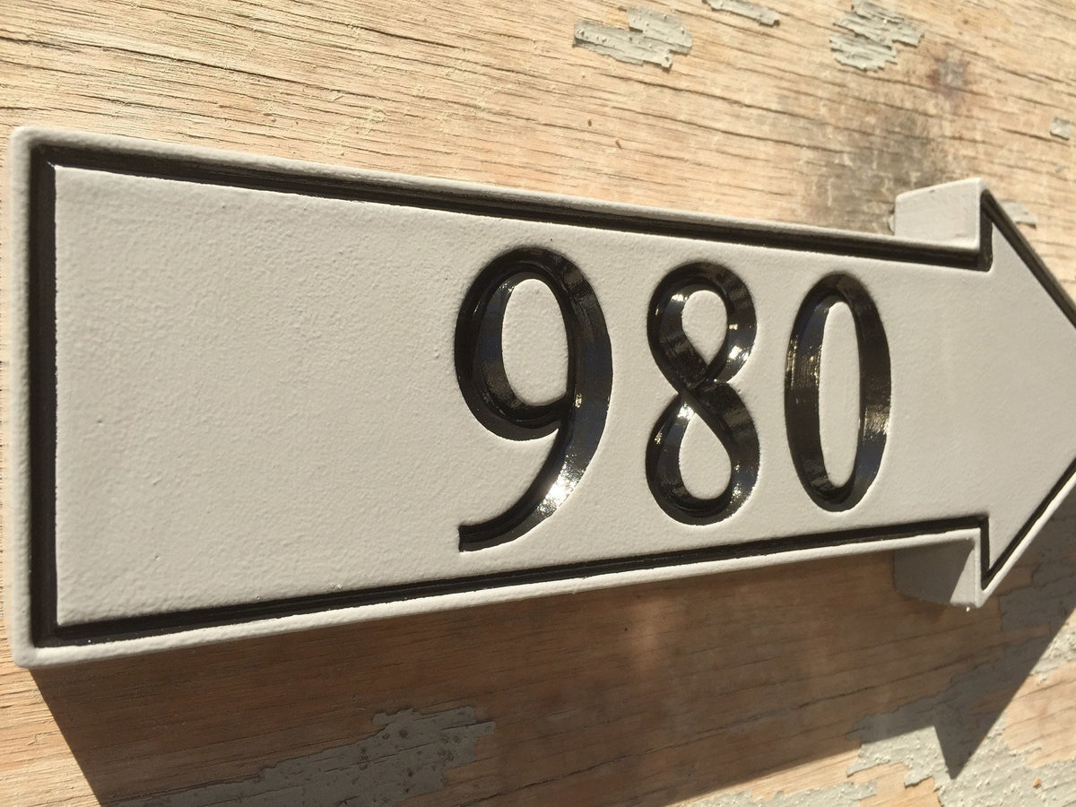 Arrow Shaped House Number Sign Pointing Right left angle view (A87)