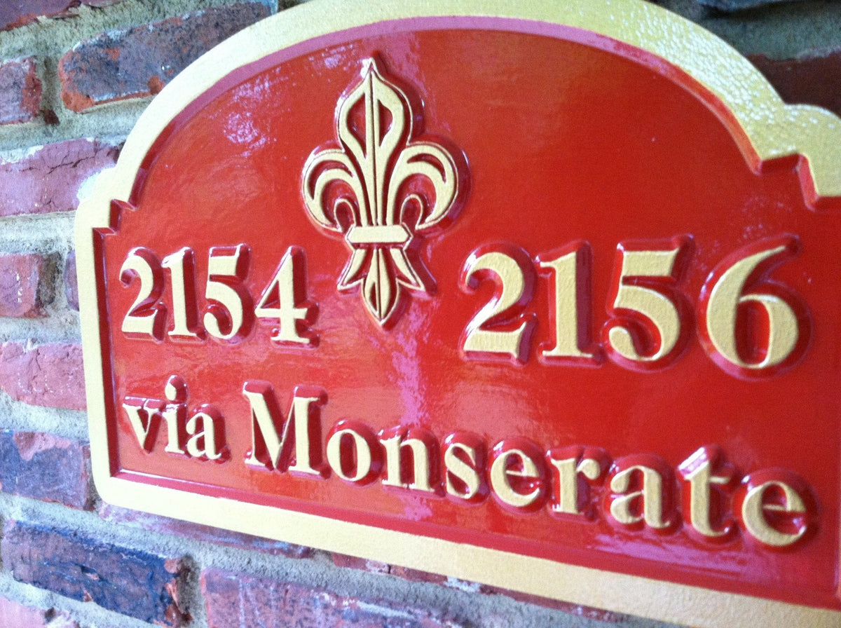 Custom Carved Street Address Sign with Fleur-de-lis (A16) - The Carving Company