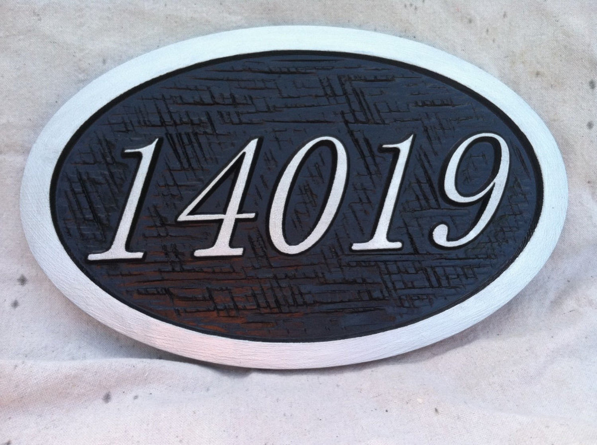 Oval House Number Sign with Cross Hatched Texture (A38) - The Carving Company