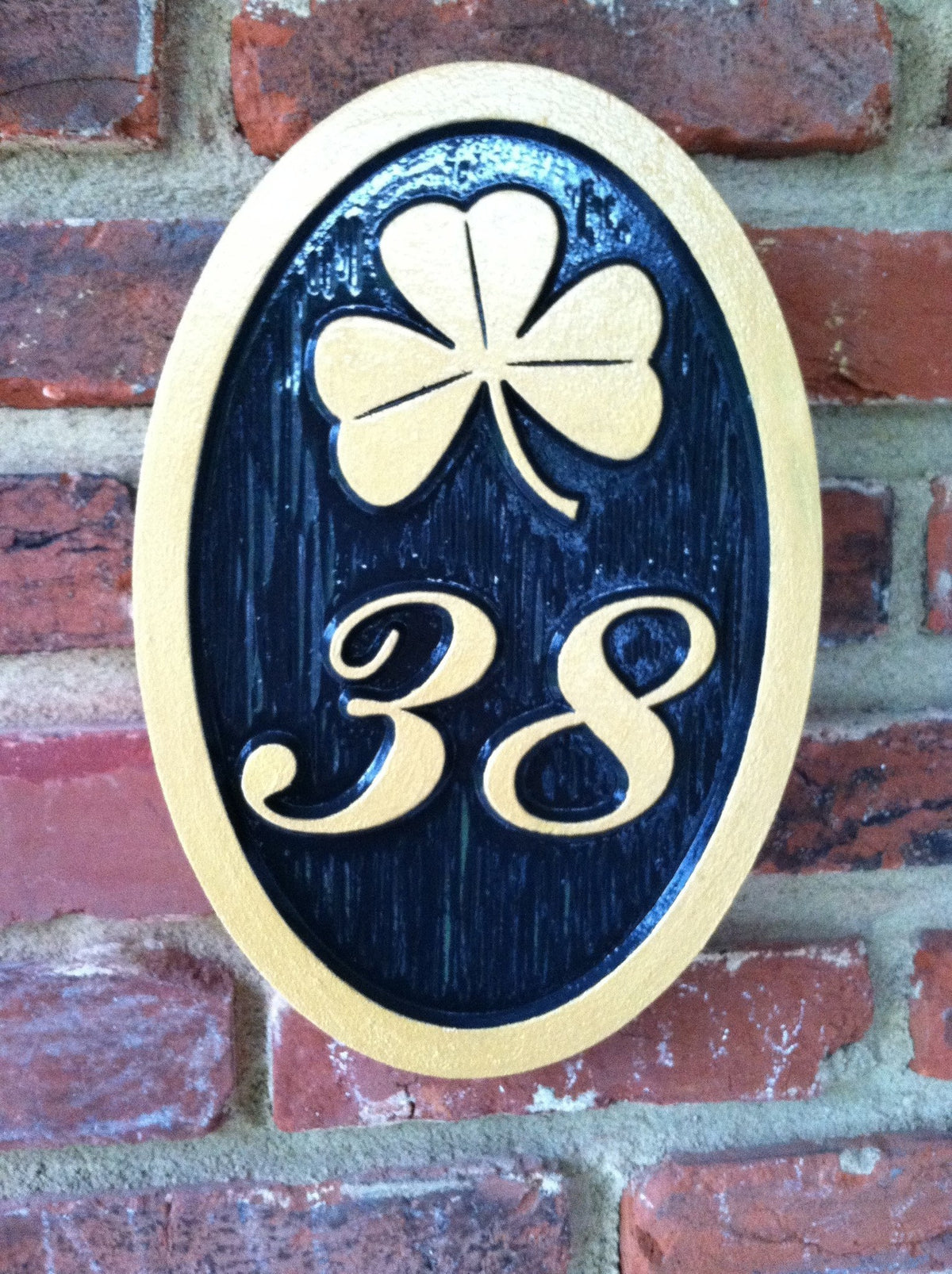 House Number Weatherproof Custom Carved Sign with shamrock or other image - Oval (A6) - The Carving Company