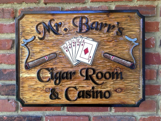 Custom Carved Cedar Cigar Room and Casino Sign (BP16) - The Carving Company