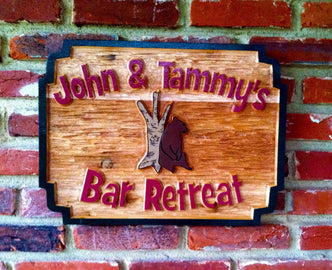 Custom Carved Cedar Wood Bar Sign with Bear image- Design your own (BP42) - The Carving Company