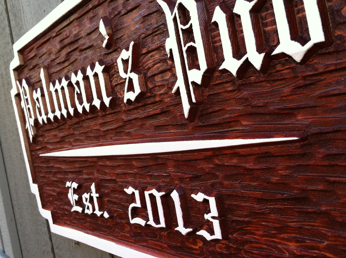 Personalized Old English Bar / Pub Sign - Custom Carved Cedar Wood Signs (BP22) - The Carving Company