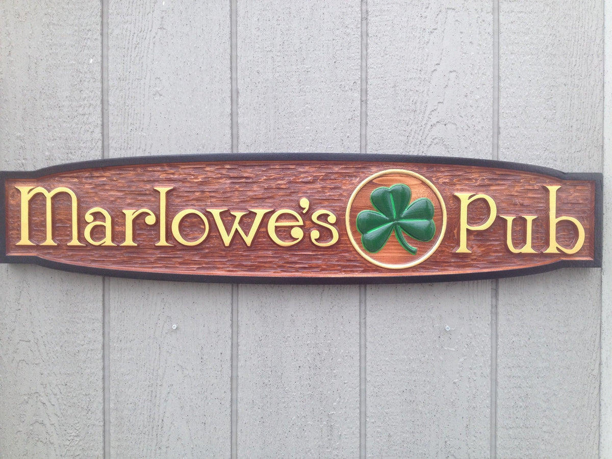 Custom Carved Cedar Pub Sign with Shamrock - horizontal (BP14) - The Carving Company