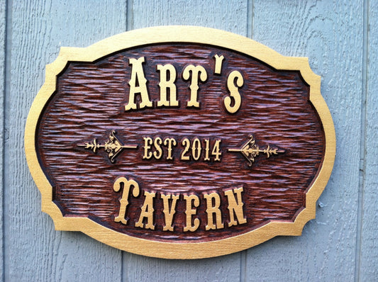 Carved oak bar sign stain personalized with name and established date