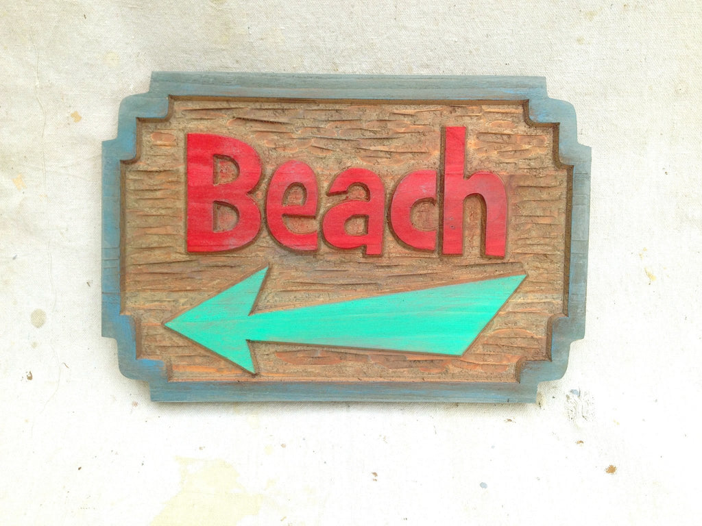 Cedar Carved Beach Sign with direction arrow - Custom Carved Signs (S8) - The Carving Company