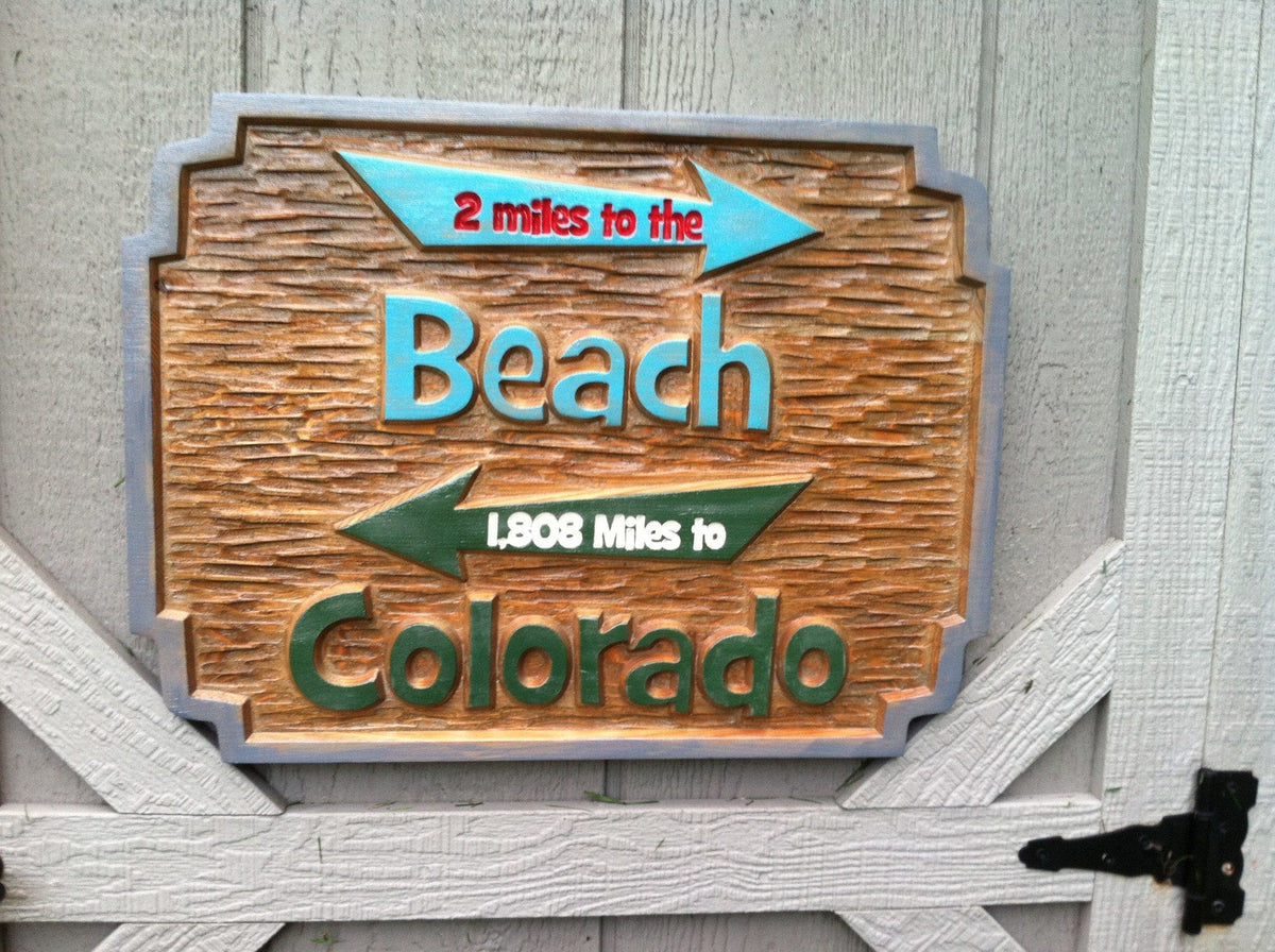 Cedar Carved Beach Sign with directional arrows  (S4) - The Carving Company
