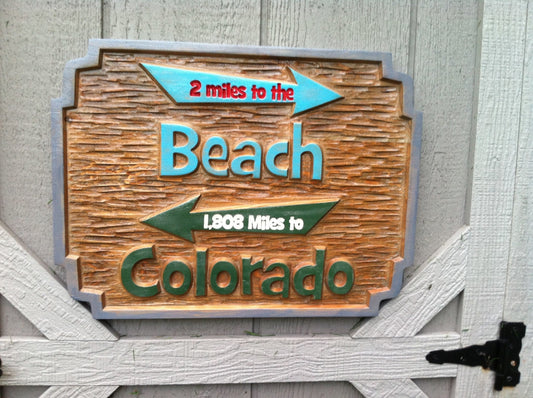 Cedar Carved Beach Sign with directional arrows  (S4) - The Carving Company