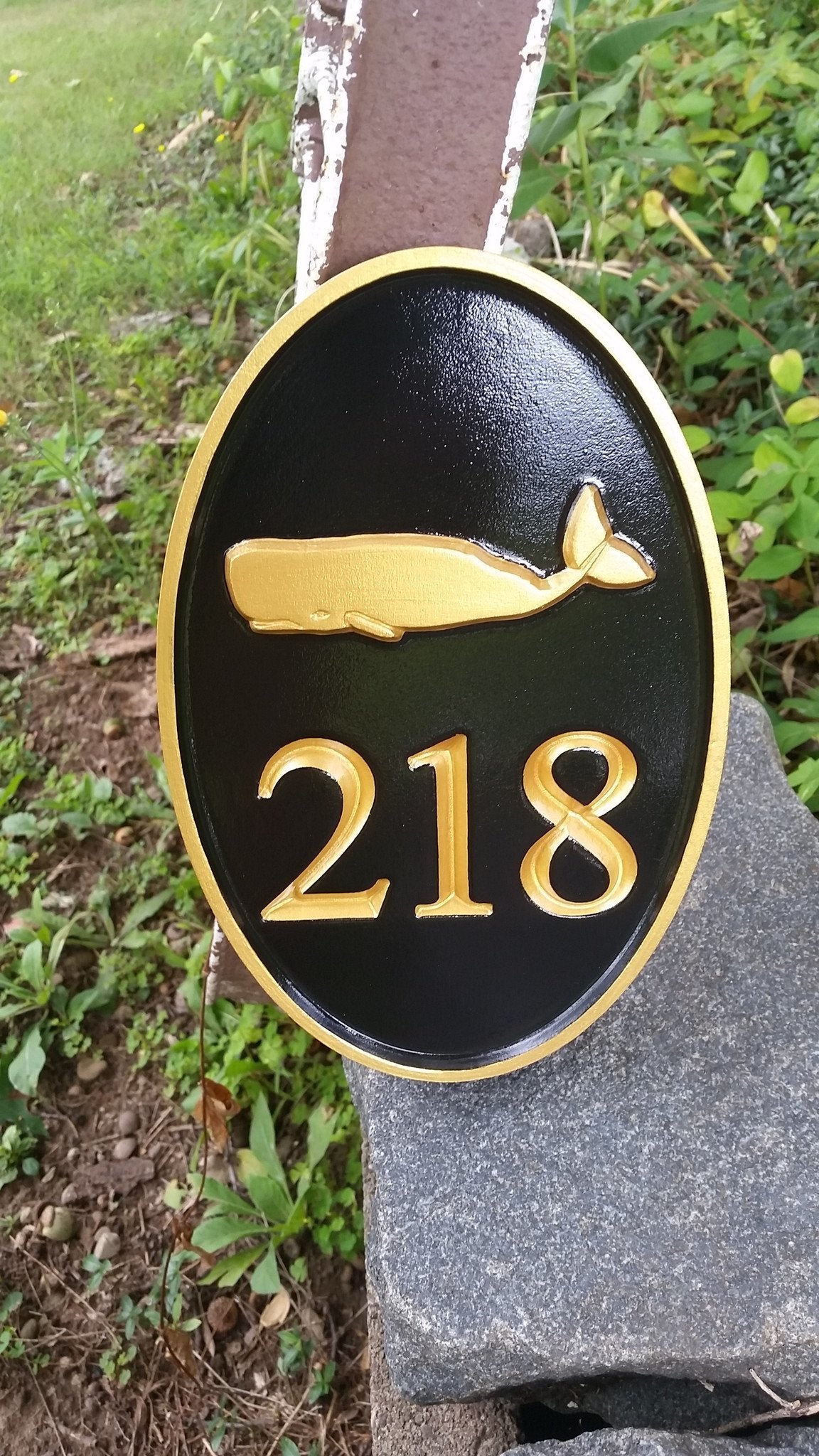 Carved Street Address plaque - House number with whale or other stock image (A85) - The Carving Company
