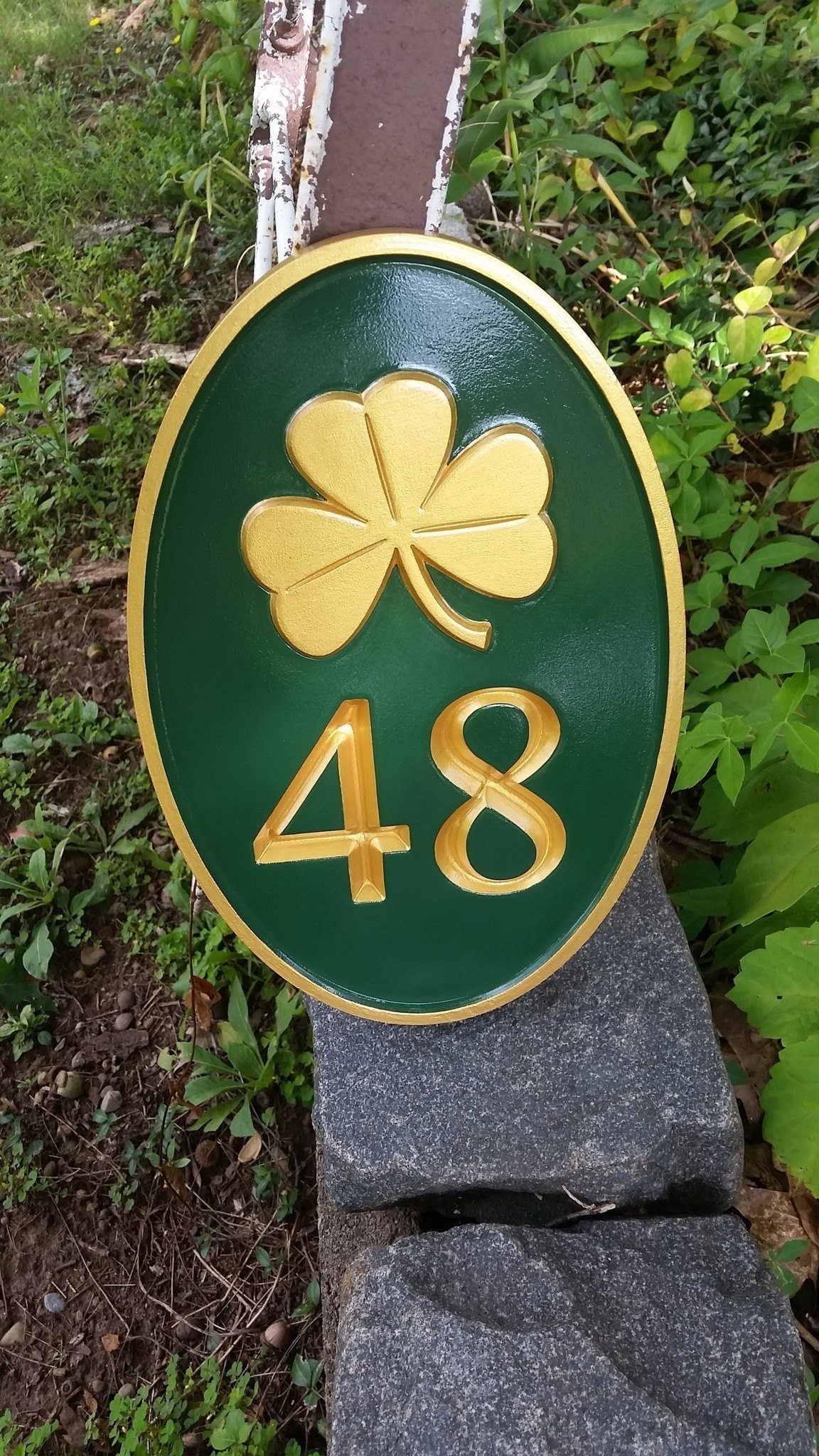 Carved Road Address plaque - House number with shamrock or other stock image (HN1) - The Carving Company