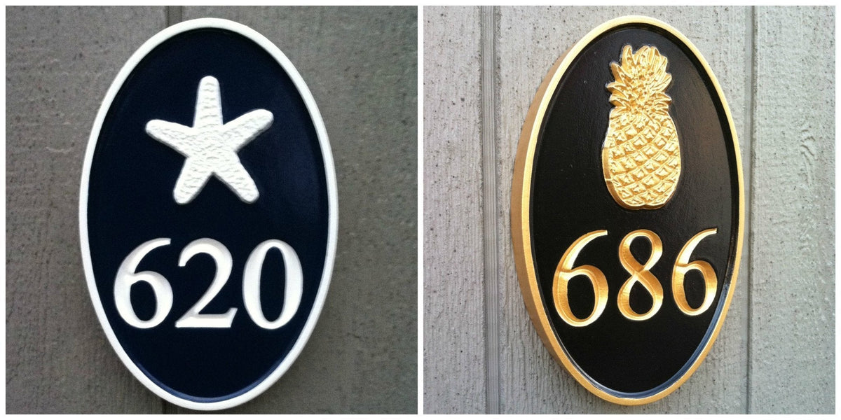 Carved Street Address plaque - House number with whale or other stock image (A85) - The Carving Company
