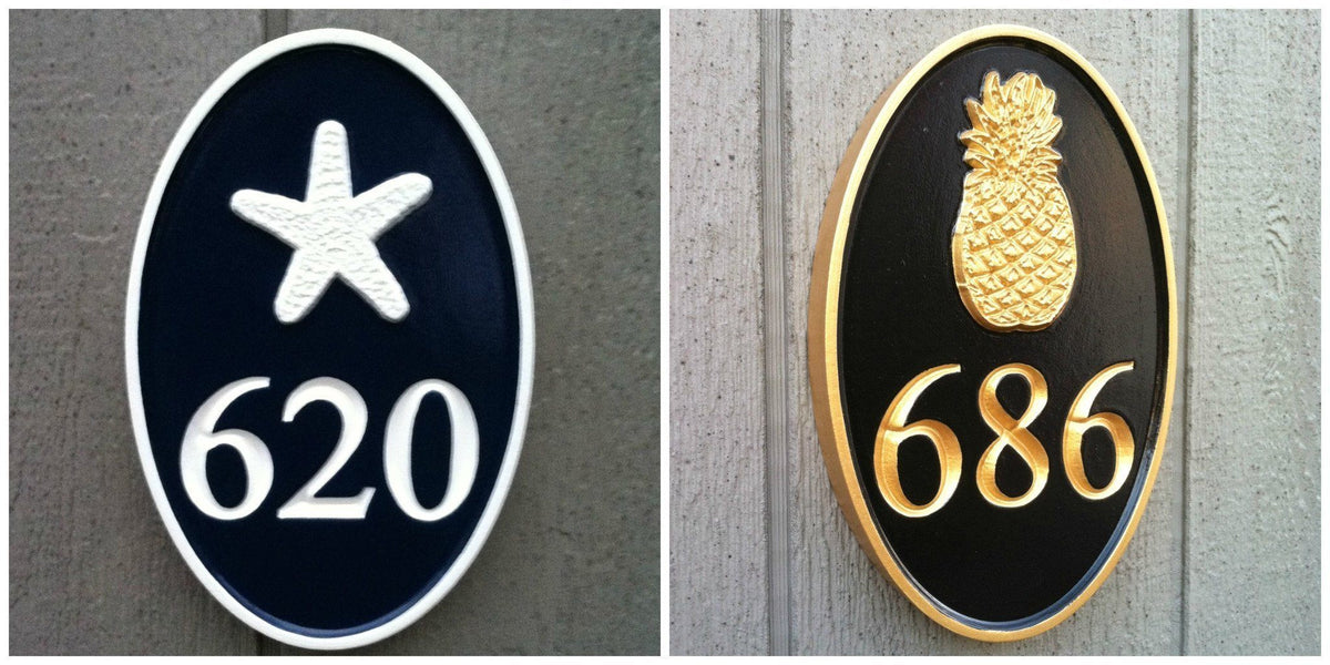 Carved Road Address plaque - House number with Gecko or other stock image (HN1) - The Carving Company