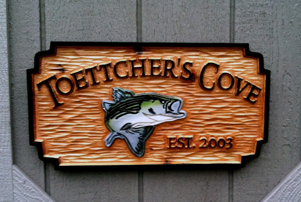 Cedar Camp Sign with Striped Bass fish image (C7) - The Carving Company