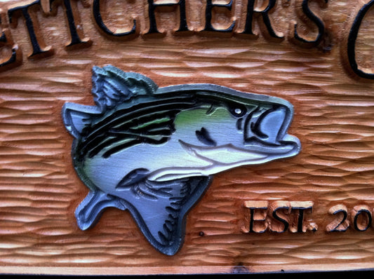 Cedar Camp Sign with Striped Bass fish image (C7) - The Carving Company