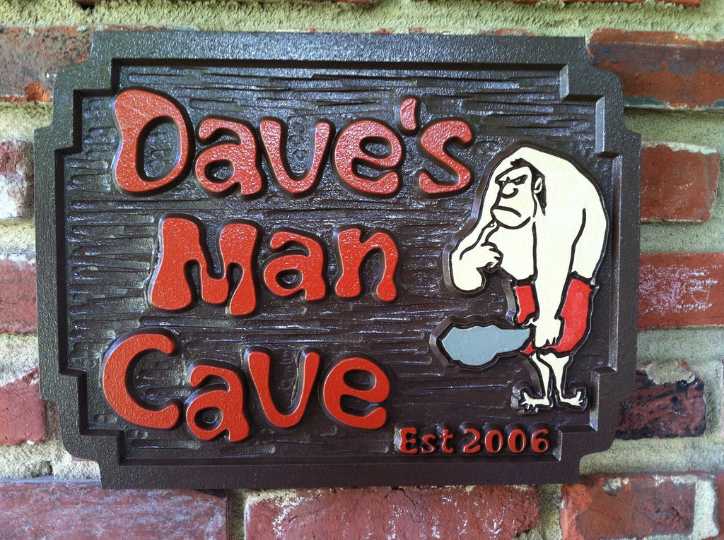 Man Cave Sign with Neanderthal Man and est date (MC3) - The Carving Company