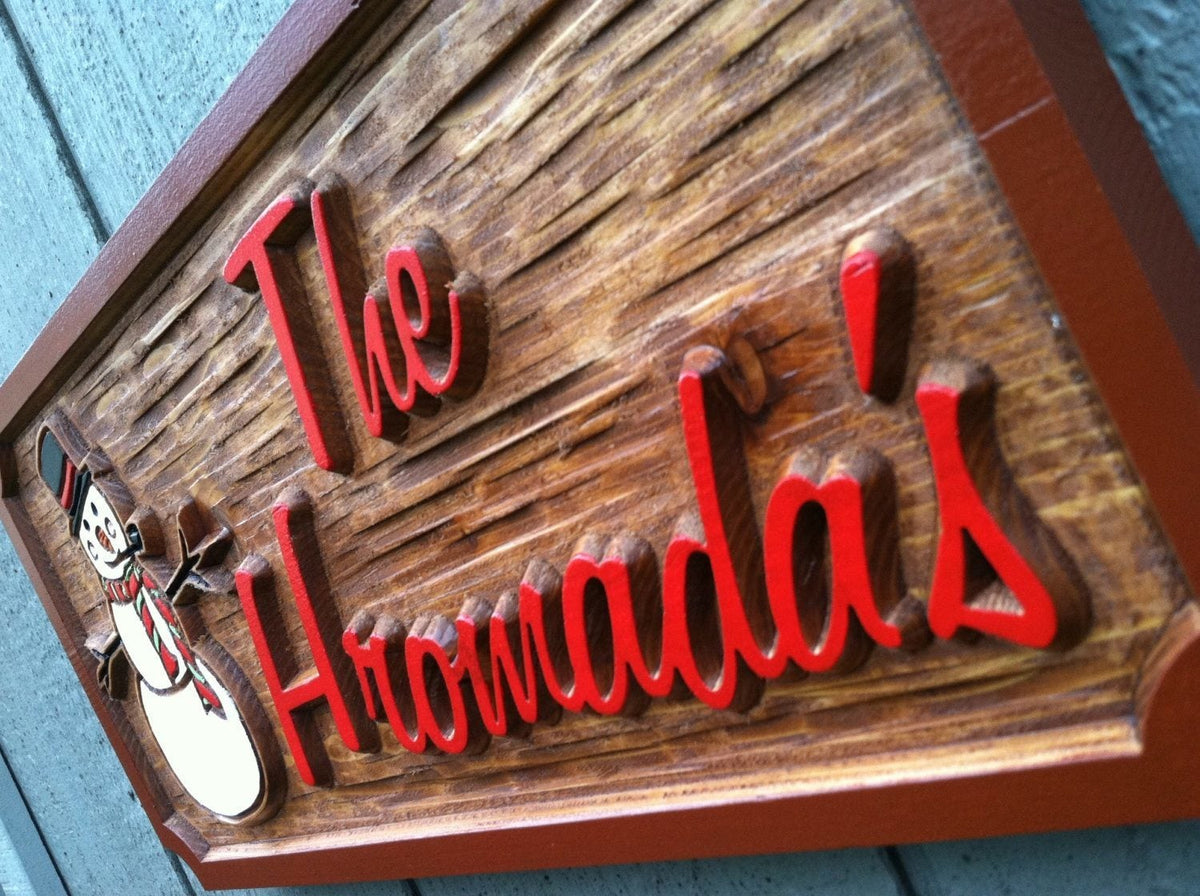 Custom Wood Carved Last name Holiday Sign with Snowman - Solid Cedar (H2) - The Carving Company