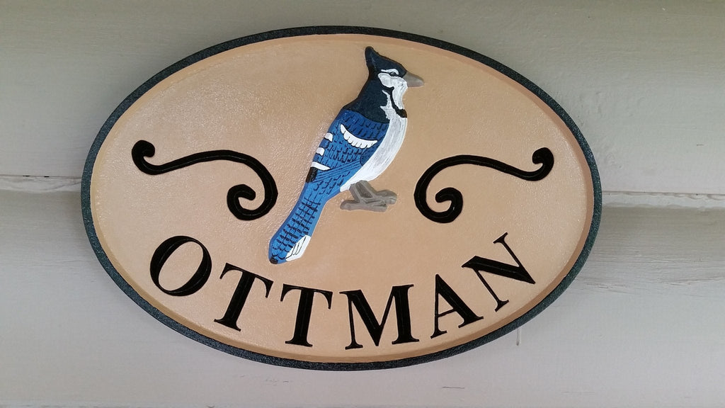 Personalized Last Name Entrance Sign With Blue Jay or other bird - Custom Carved Signs (LN23) - The Carving Company