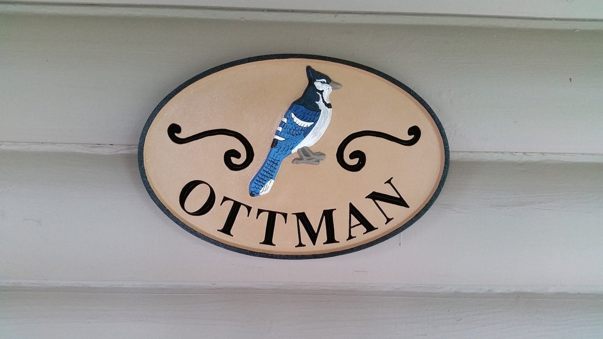 Personalized Last Name Entrance Sign With Blue Jay or other bird - Custom Carved Signs (LN23) - The Carving Company