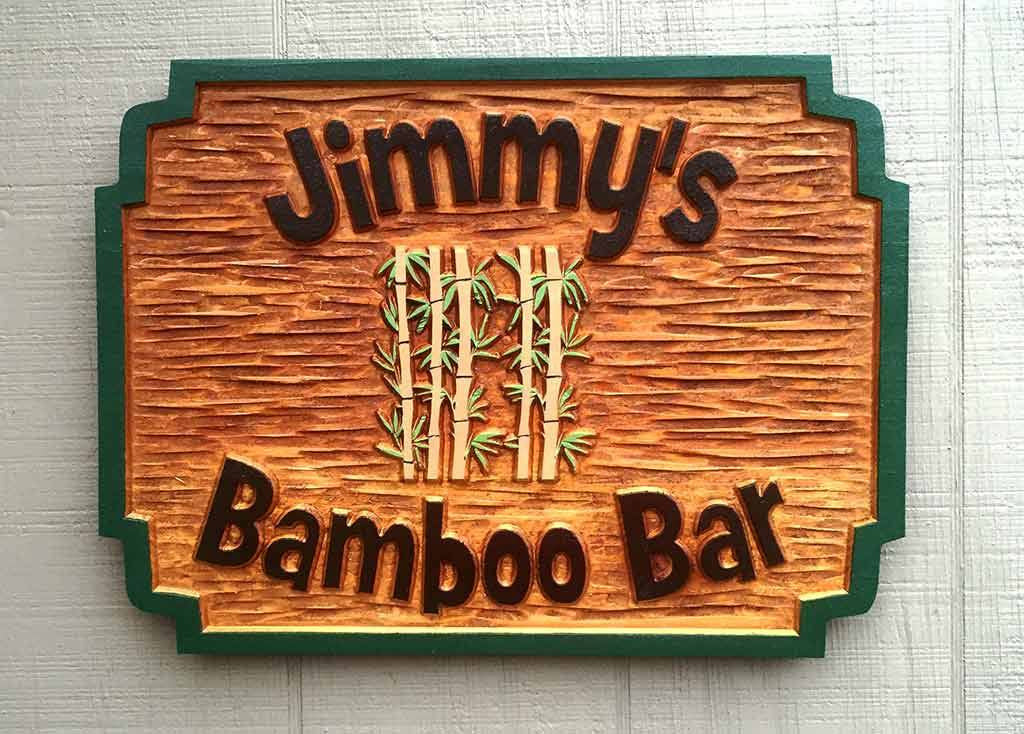 Custom Carved Cedar Wood Bar Sign with Bamboo image- Design your own (BP48) - The Carving Company