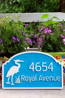 Address sign with heron sky blue and white front view