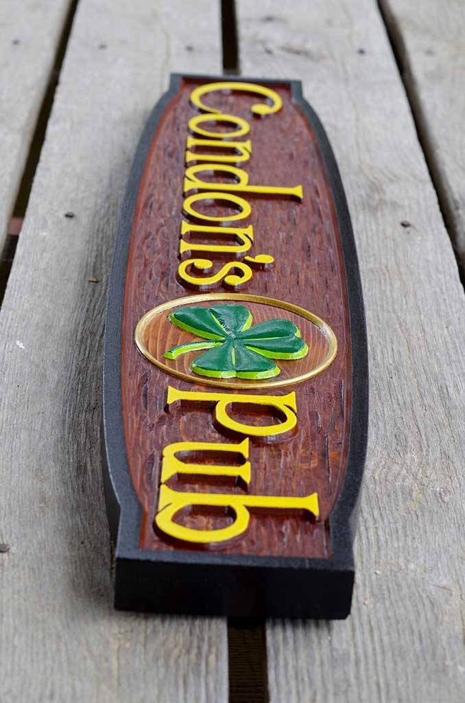 Custom Carved Cedar Pub Sign with Shamrock - horizontal (BP14) - The Carving Company