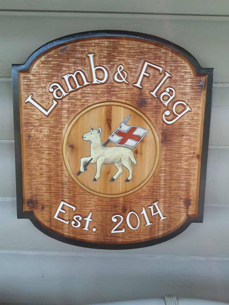 Custom Carved Cedar sign for Bar, Pub, or Tavern with Lamb and England image (BP50) - The Carving Company
