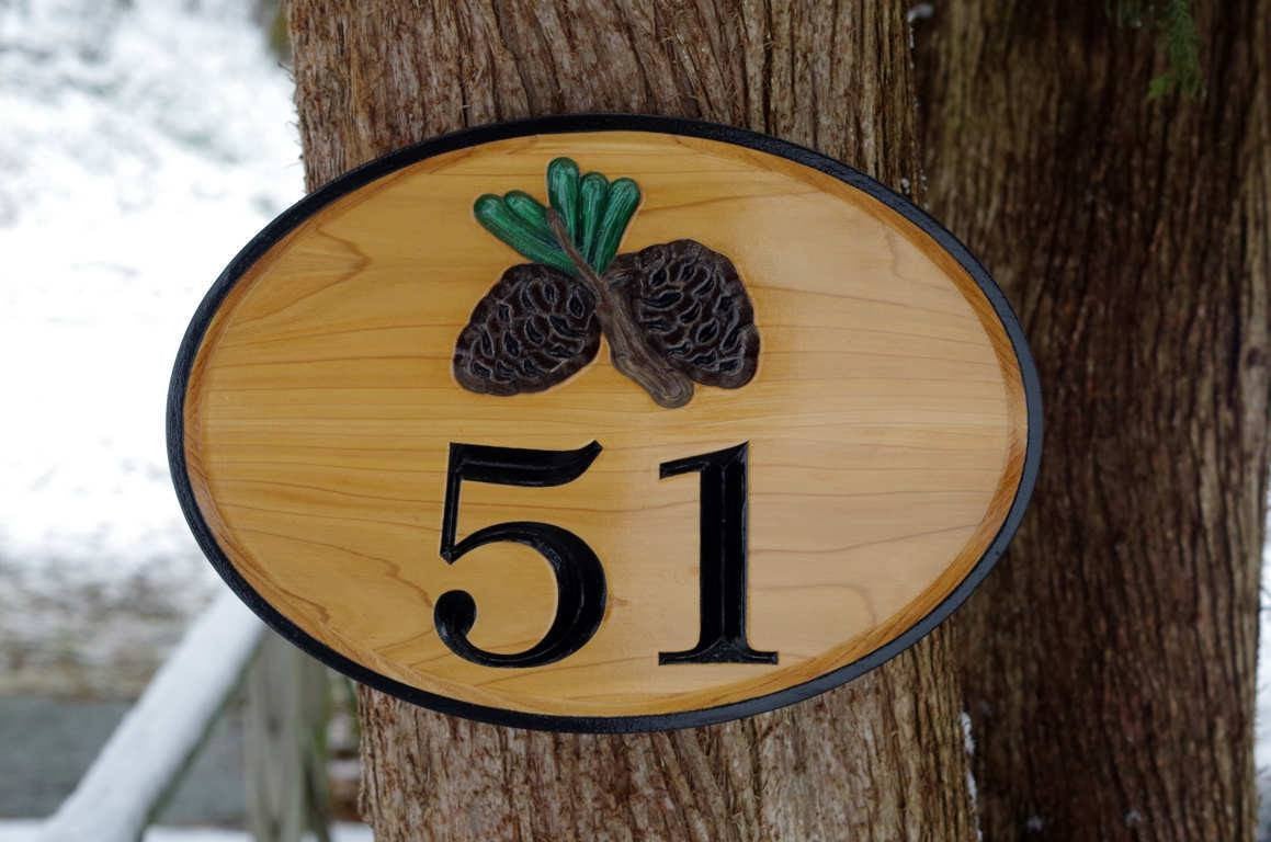 Pinecone House Number sign - Carved Cedar (A166) - The Carving Company